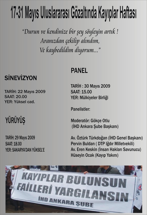 İHD Ankara Şubesi - 17/31 Mayıs Kayıplar Haftası Etkinlikleri Afişi